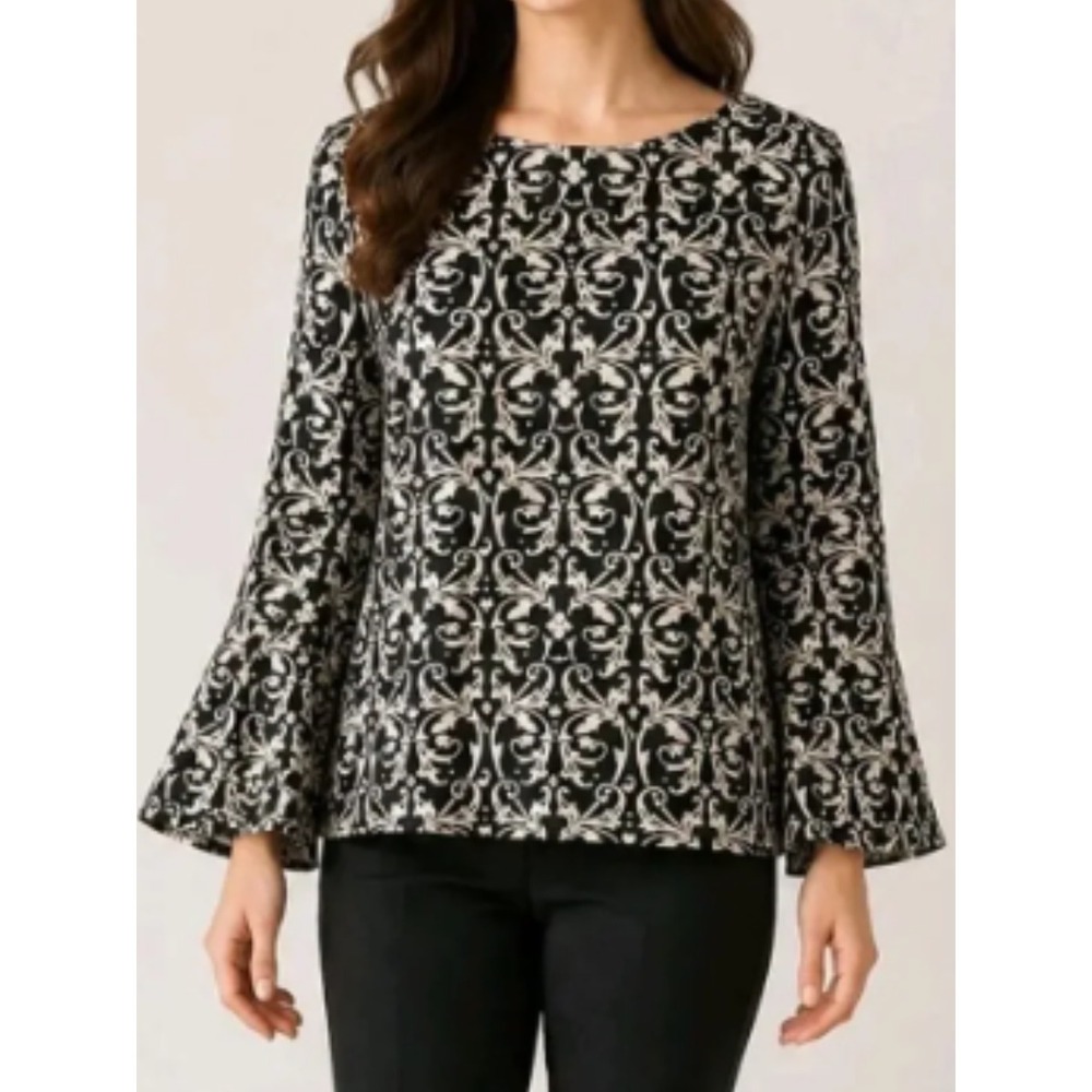 Alice + Olivia Bell Sleeve Blouse Sz 12 Black Silver Damask Boat Neck Top Regal